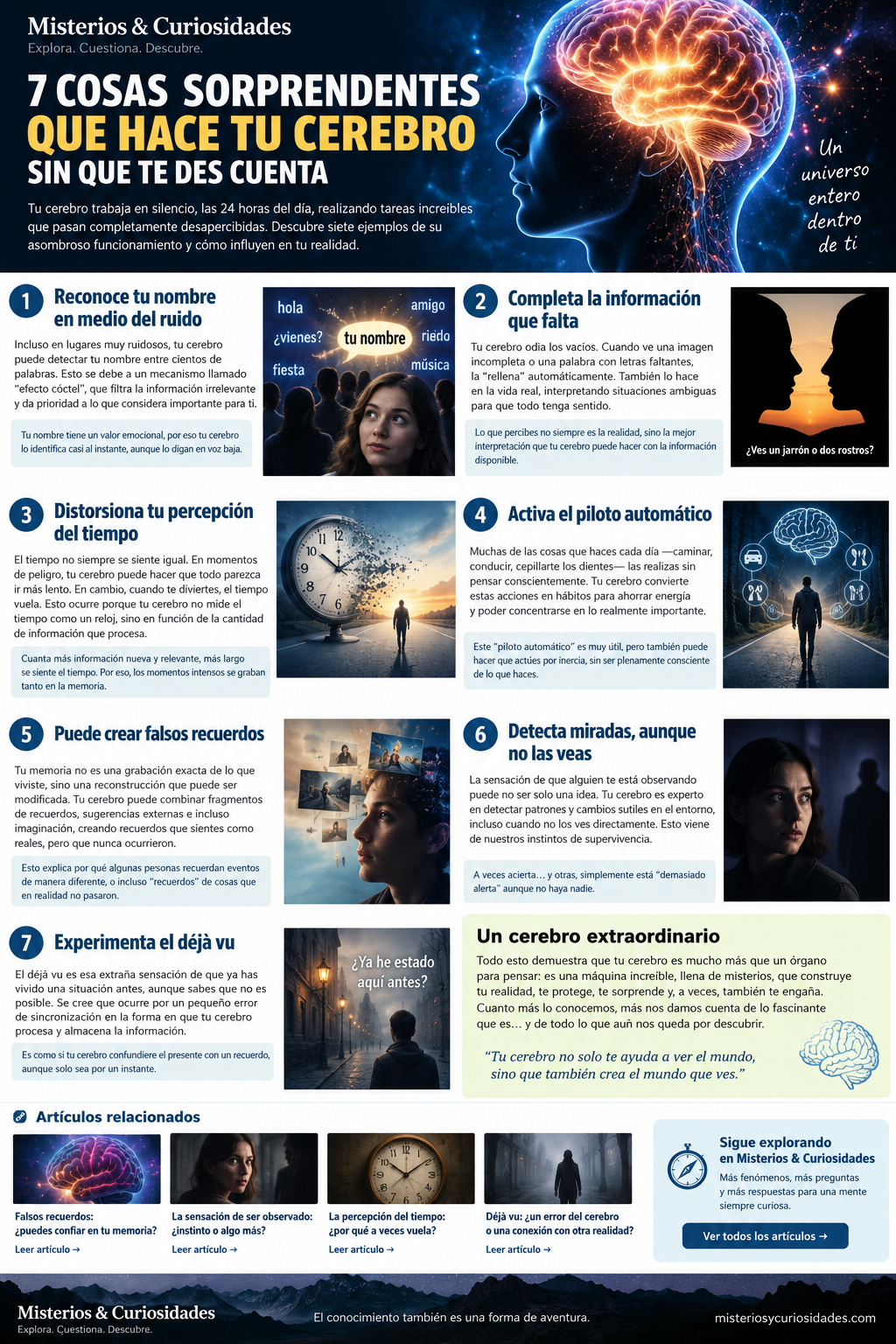 Infografía con siete curiosidades sobre memoria, atención, tiempo, hábitos y déjà vu